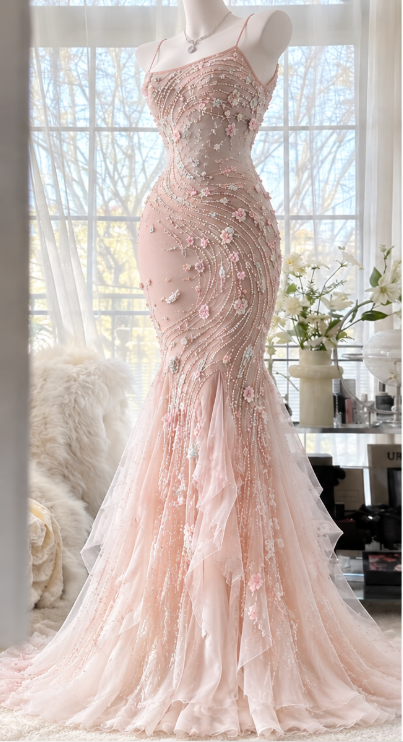 Chic Pink Prom Dress Sheath Chiffon Beaded Long Evening Dress DP07861