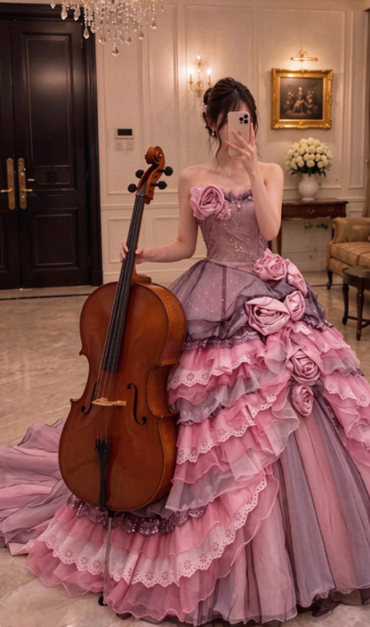 Chic Pink Prom Dress A-line Tulle Long Evening Dress DP07863