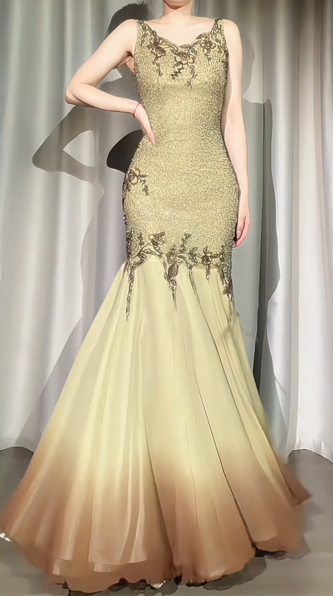 Chic Gold Prom Dress Sheath Chiffon Beaded Long Evening Dress DP07865