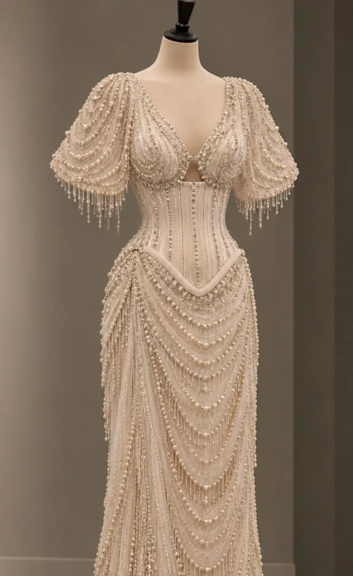 Chic Champagne Prom Dress Sheath Tulle Beaded Long Evening Dress DP07869