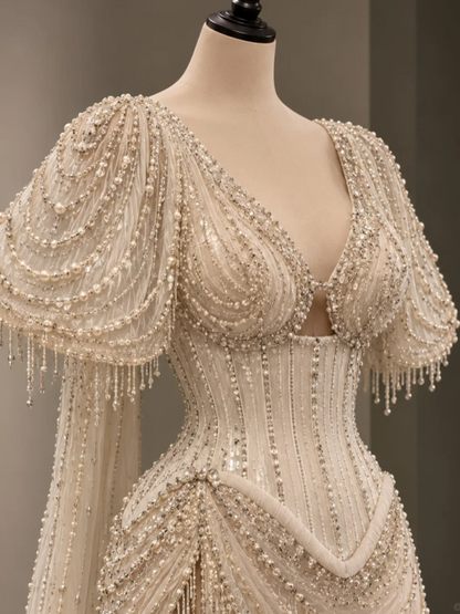 Chic Champagne Prom Dress Sheath Tulle Beaded Long Evening Dress DP07869