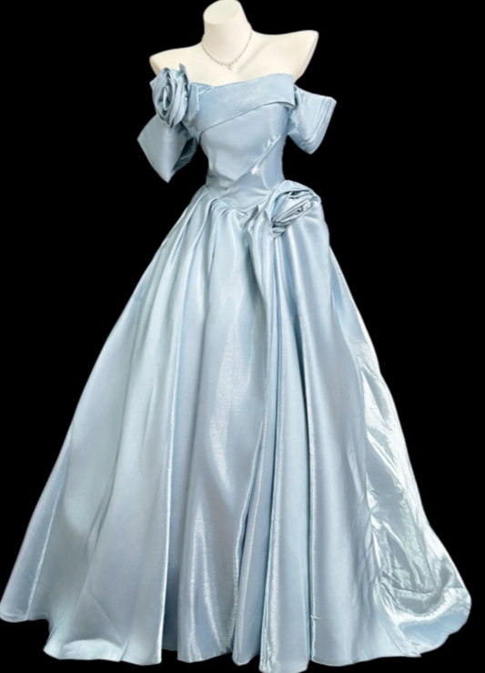 Robe de bal chic bleue, coupe trapèze, en satin, longue robe de soirée DP07870