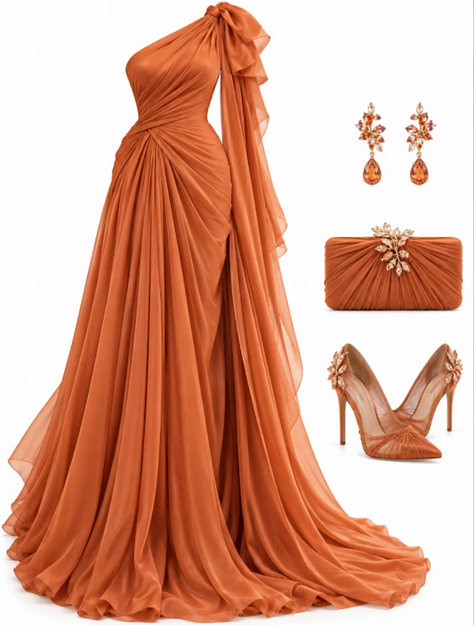 Robe de bal chic orange fourreau en mousseline longue robe de soirée DP07871