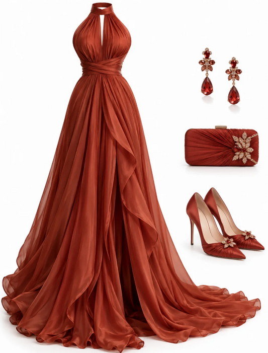 Robe de soirée longue chic en mousseline rouge rouille, coupe fourreau DP07872