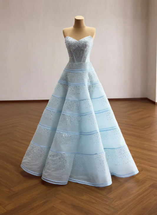 Robe de bal chic bleue, coupe trapèze en tulle, longue robe de soirée DP07874