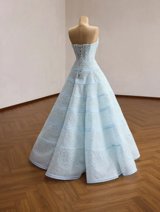 Robe de bal chic bleue, coupe trapèze en tulle, longue robe de soirée DP07874