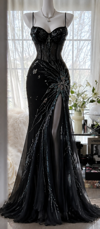Robe de bal chic noire fourreau en mousseline perlée, longue robe de soirée DP07876