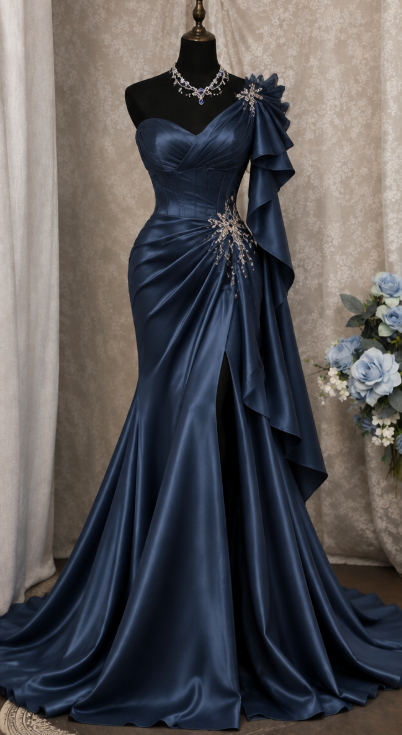 Chic Navy Blue Prom Dress Sheath Satin Long Evening Dress DP07880