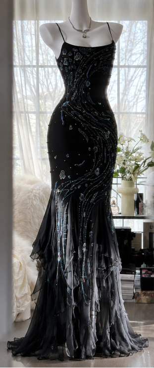Robe de bal chic noire, fourreau en mousseline perlée, longue robe de soirée DP07881