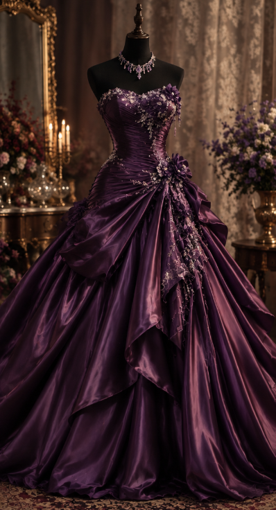 Robe de bal chic violet foncé, coupe trapèze en satin avec perles, robe de soirée longue DP07882