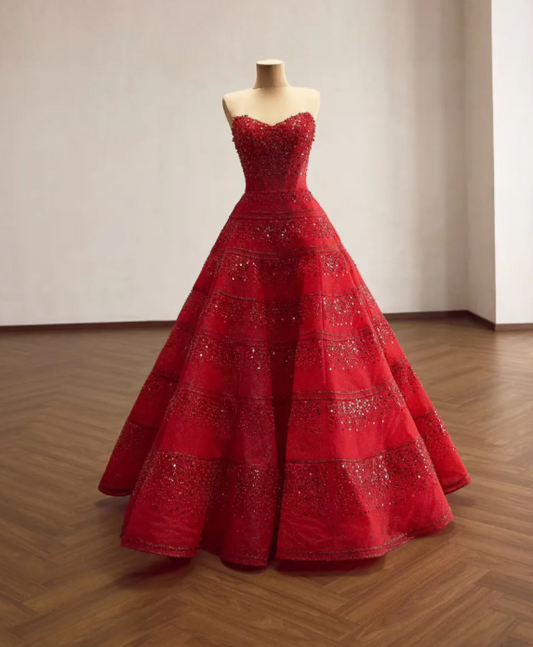 Robe de bal chic rouge, coupe trapèze en tulle, longue robe de soirée DP07883