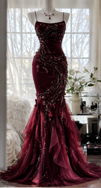 Robe de bal fourreau chic en mousseline bordeaux ornée de perles, longue robe de soirée DP07884