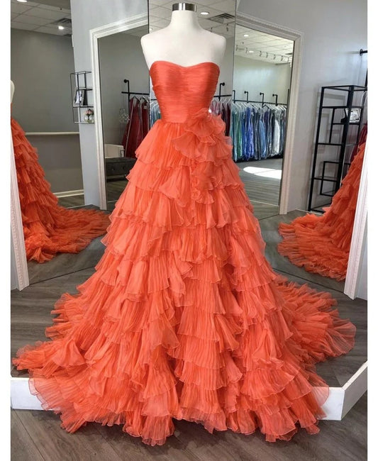 Robe de bal chic corail trapèze en tulle longue robe de soirée DP07886