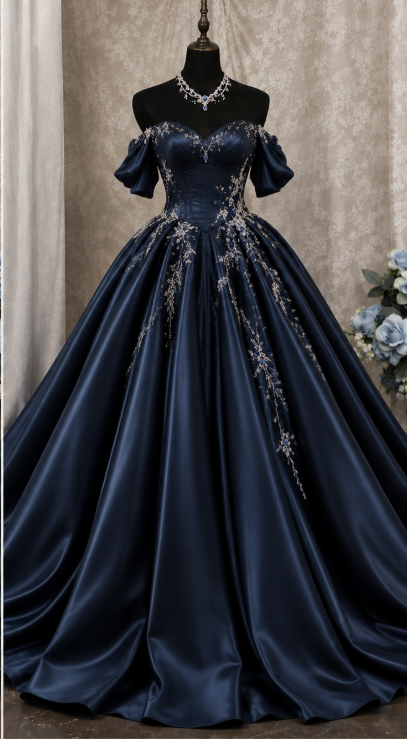 Robe de bal chic bleu marine en satin, coupe trapèze avec perles, longue robe de soirée DP07889