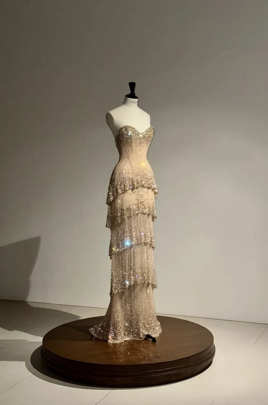 Jolie robe de bal fourreau en mousseline couleur champagne avec perles, longue robe de soirée DP07891