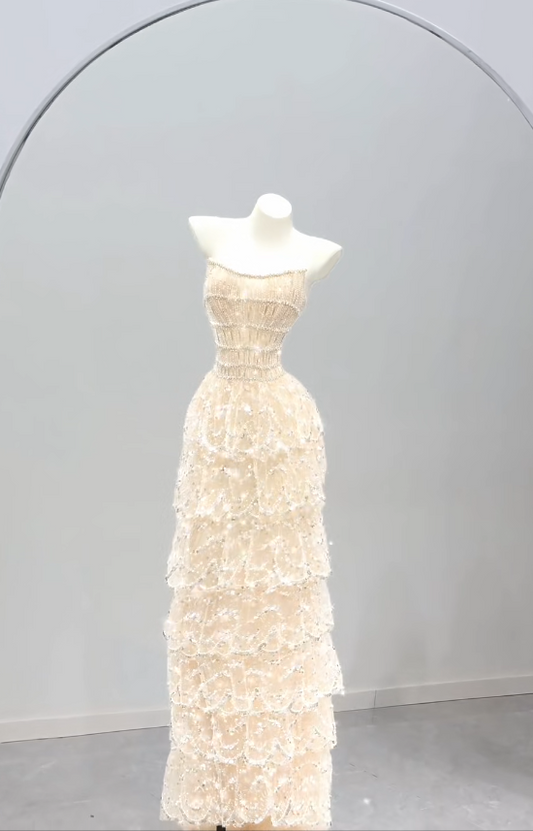 Jolie robe de bal jaune fourreau en tulle perlé, robe de soirée longue DP07893