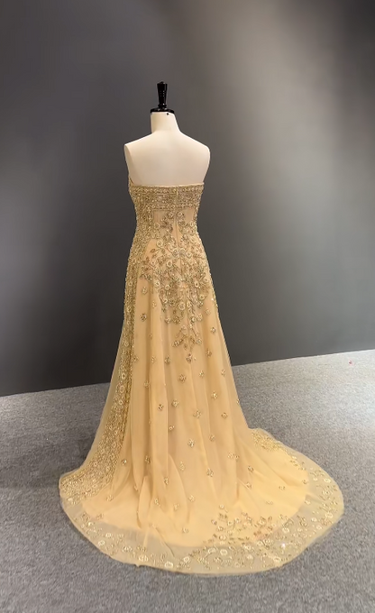 Pretty Gold Prom Dress Sheath Chiffon Beaded Long Evening Dress DP07894