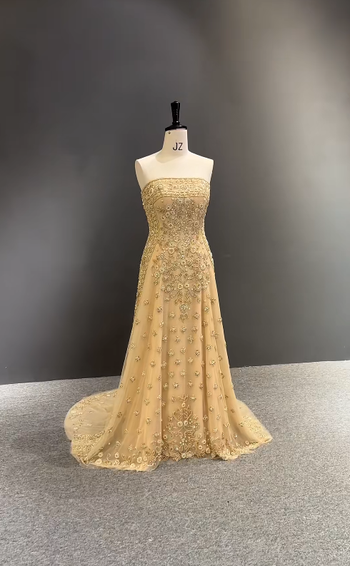 Jolie robe de bal dorée, robe de soirée longue fourreau en mousseline perlée DP07894