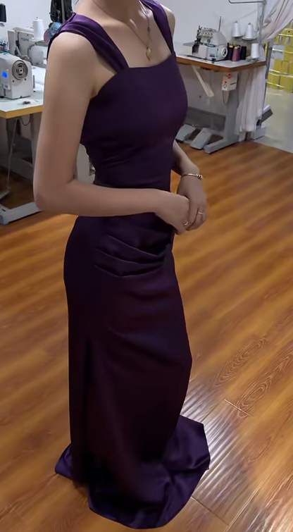 Pretty Deep Purple Prom Dress Sheath Satin Long Evening Dress DP07904