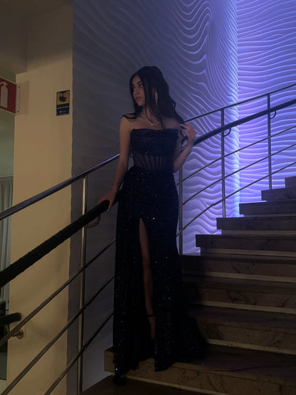 Pretty Deep Purple Prom Dress Sheath Sequins Long Evening Dress DP07908