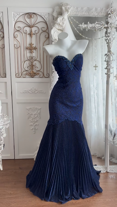Pretty Navy Blue Prom Dress Sheath Lace Long Evening Dress DP07914
