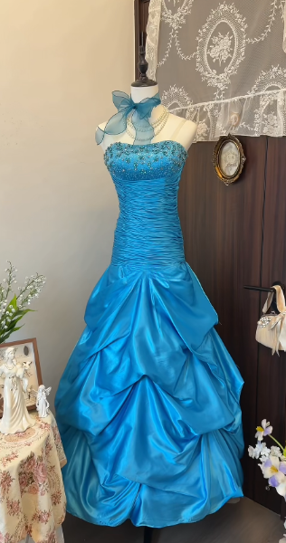 Pretty Blue Prom Dress Sheath Satin Long Evening Dress DP07916
