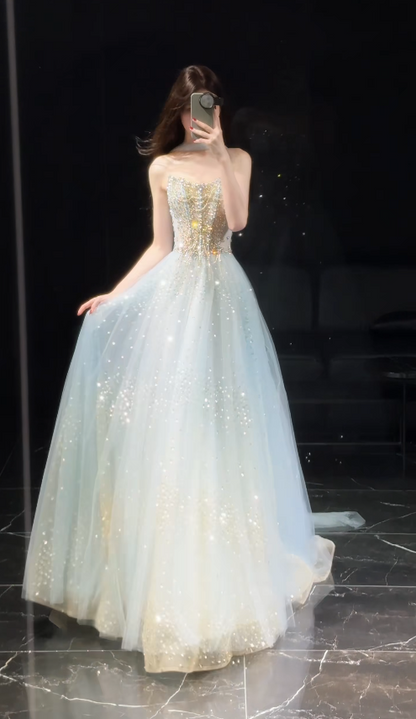 Pretty Pale Blue Prom Dress A-Line Satin Long Evening Dress DP07917