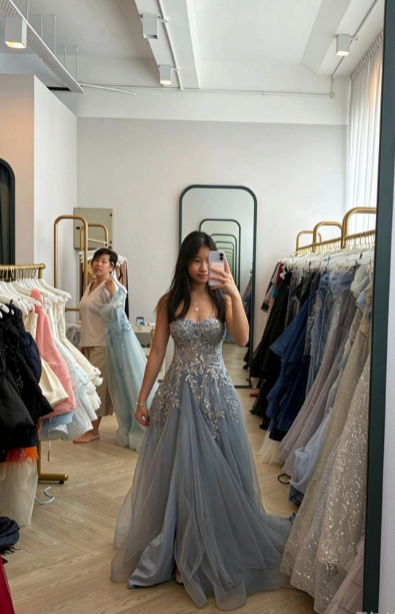 Pretty Dusty Blue Prom Dress A--Line Tulle Long Evening Dress DP07920