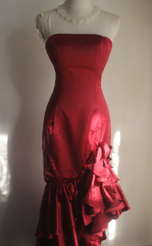 Pretty Red Prom Dress Sheath Satin Long Evening Dress DP07927