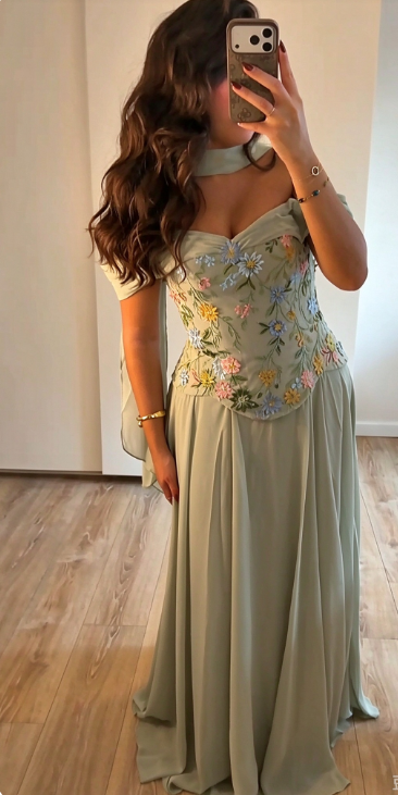 Charming Sage Green Embroidery Prom Dress Sheath Chiffon Long Evening Dress DP07931