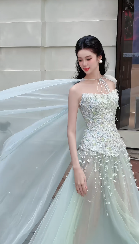 Charmante robe de bal verte fourreau en mousseline, robe de soirée longue DP07932