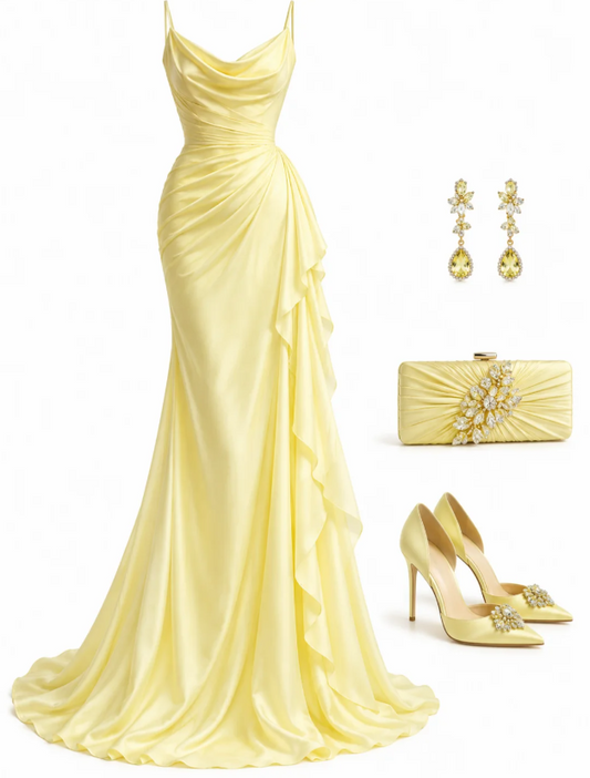 Charming Yellow Prom Dress Sheath Chiffon Long Evening Dress DP07934