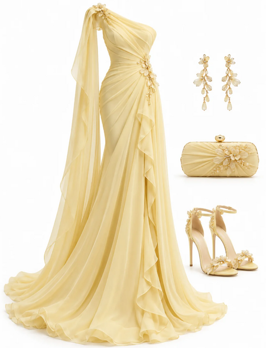 Charming Yellow Prom Dress Sheath Chiffon Long Evening Dress DP07935