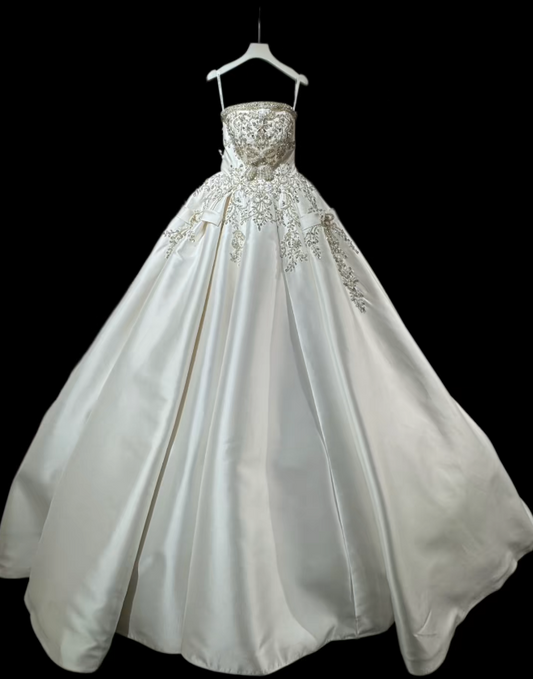 Charming A-Line Strapless Long Wedding Dress Beaded Bridal Gown White Satin Bridal Dress DP07938