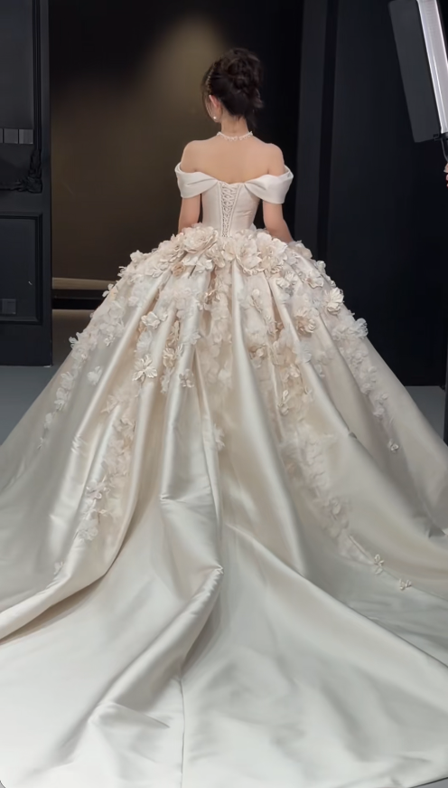 Charming A-Line Off-shoulder Long Wedding Dress White Satin Bridal Dress DP07939