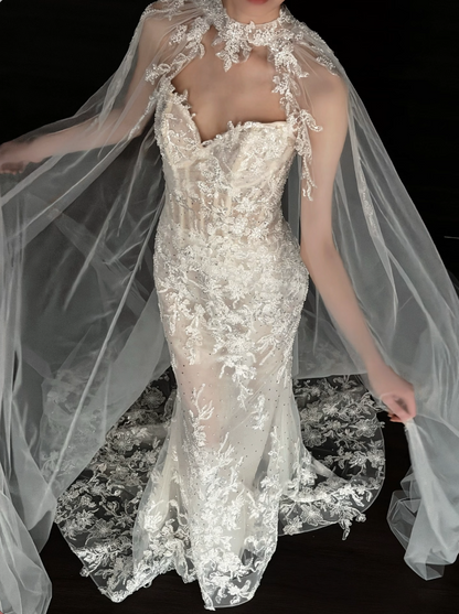 Reizendes Etui-Brautkleid in Herzform, langes Tüll-Brautkleid, weißes Brautkleid mit Applikationen DP07940