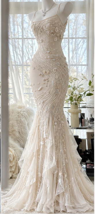Wunderschönes, perlenbesetztes elfenbeinfarbenes Abendkleid im Meerjungfrauen-Stil aus Chiffon DP07942
