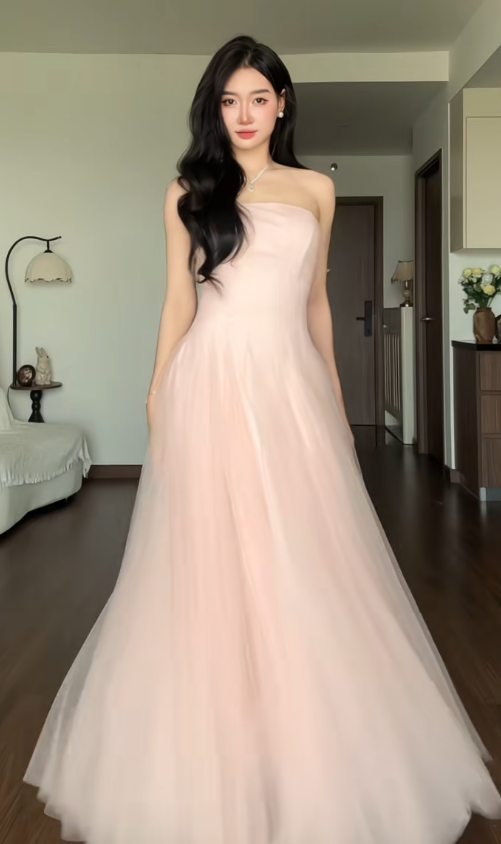 Gorgeous Strapless Pink Prom Dress A-Line Tulle Long Evening Dress DP07945