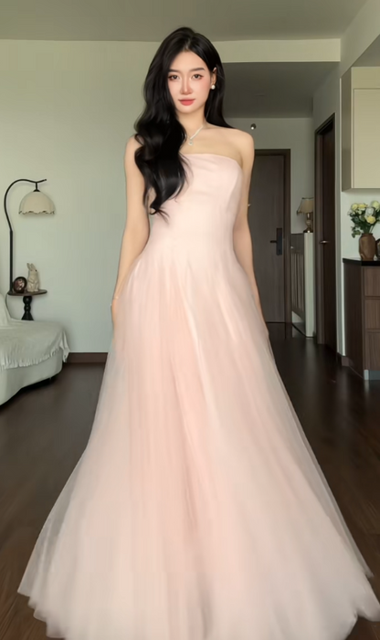 Gorgeous Strapless Pink Prom Dress A-Line Tulle Long Evening Dress DP07945