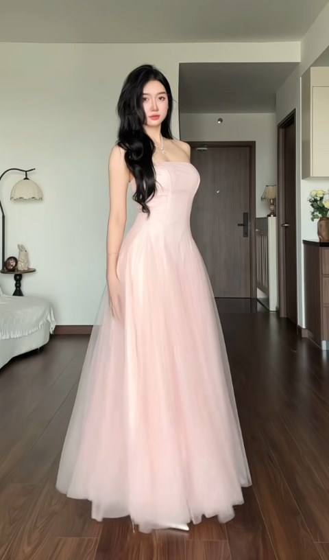 Gorgeous Strapless Pink Prom Dress A-Line Tulle Long Evening Dress DP07945