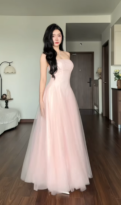 Gorgeous Strapless Pink Prom Dress A-Line Tulle Long Evening Dress DP07945
