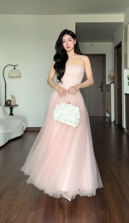 Gorgeous Strapless Pink Prom Dress A-Line Tulle Long Evening Dress DP07945
