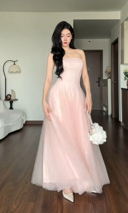 Gorgeous Strapless Pink Prom Dress A-Line Tulle Long Evening Dress DP07945