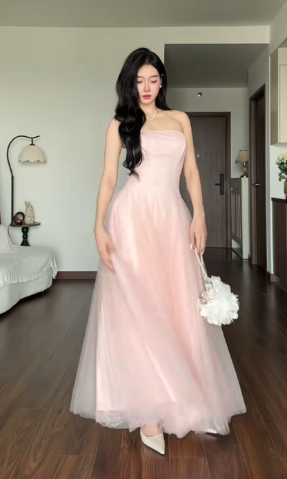 Gorgeous Strapless Pink Prom Dress A-Line Tulle Long Evening Dress DP07945