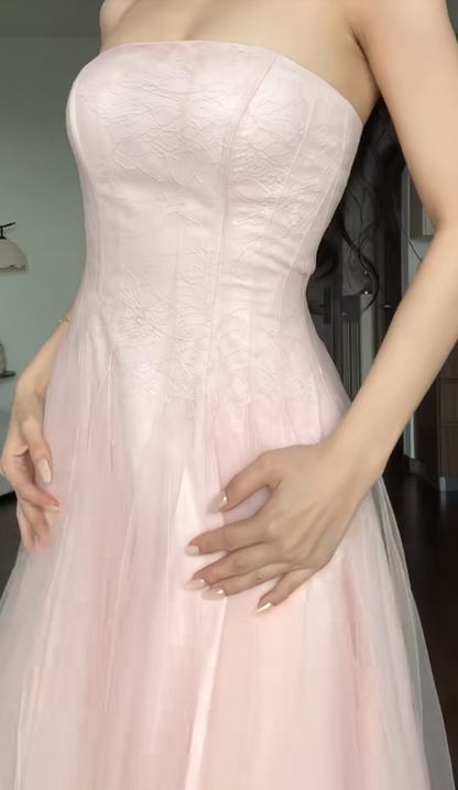 Gorgeous Strapless Pink Prom Dress A-Line Tulle Long Evening Dress DP07945
