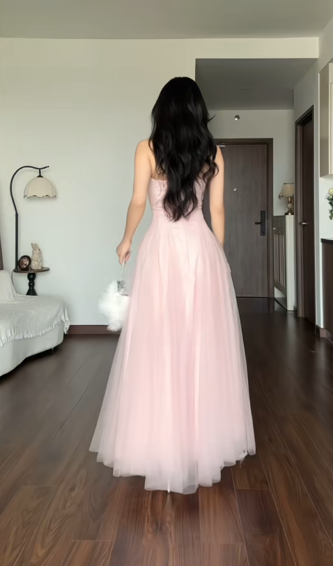 Gorgeous Strapless Pink Prom Dress A-Line Tulle Long Evening Dress DP07945