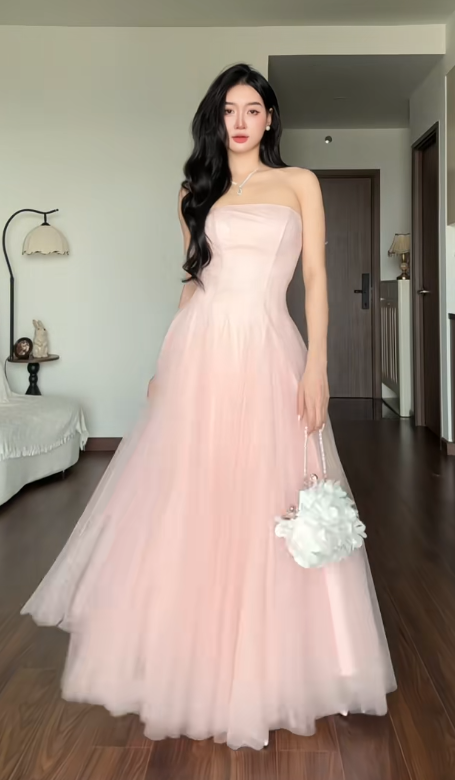 Gorgeous Strapless Pink Prom Dress A-Line Tulle Long Evening Dress DP07945