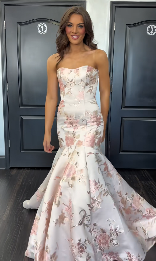 Magnifique robe de bal rose bustier en satin à motif floral, coupe sirène, robe de soirée longue DP07947