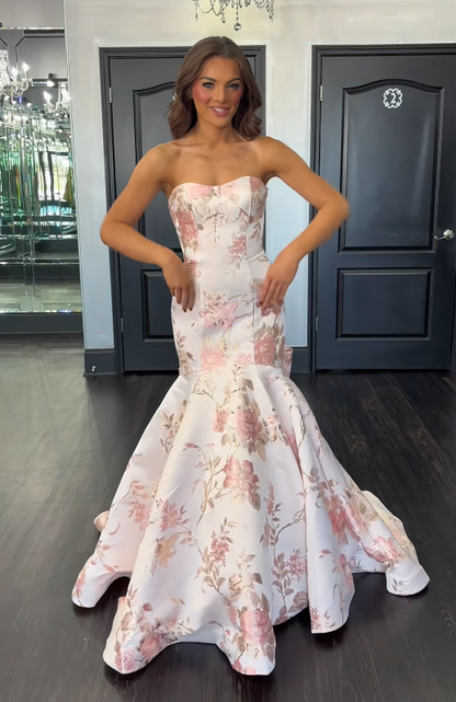 Magnifique robe de bal rose bustier en satin à motif floral, coupe sirène, robe de soirée longue DP07947