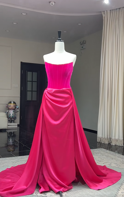Gorgeous Strapless Hot Pink Prom Dress Sheath Satin Long Evening Dress DP07950